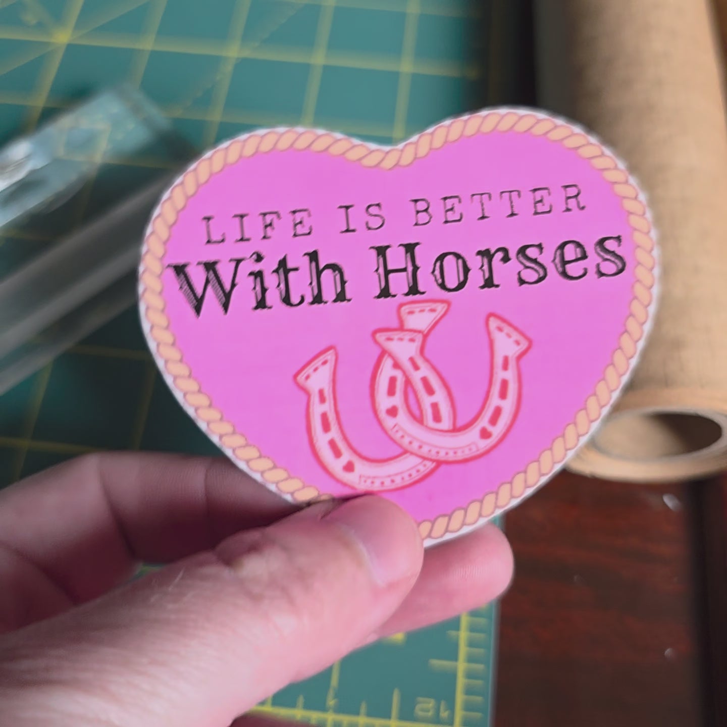 "Life is better with Horses" 3 x 2.75 inch light pink heart sticker. Small size.