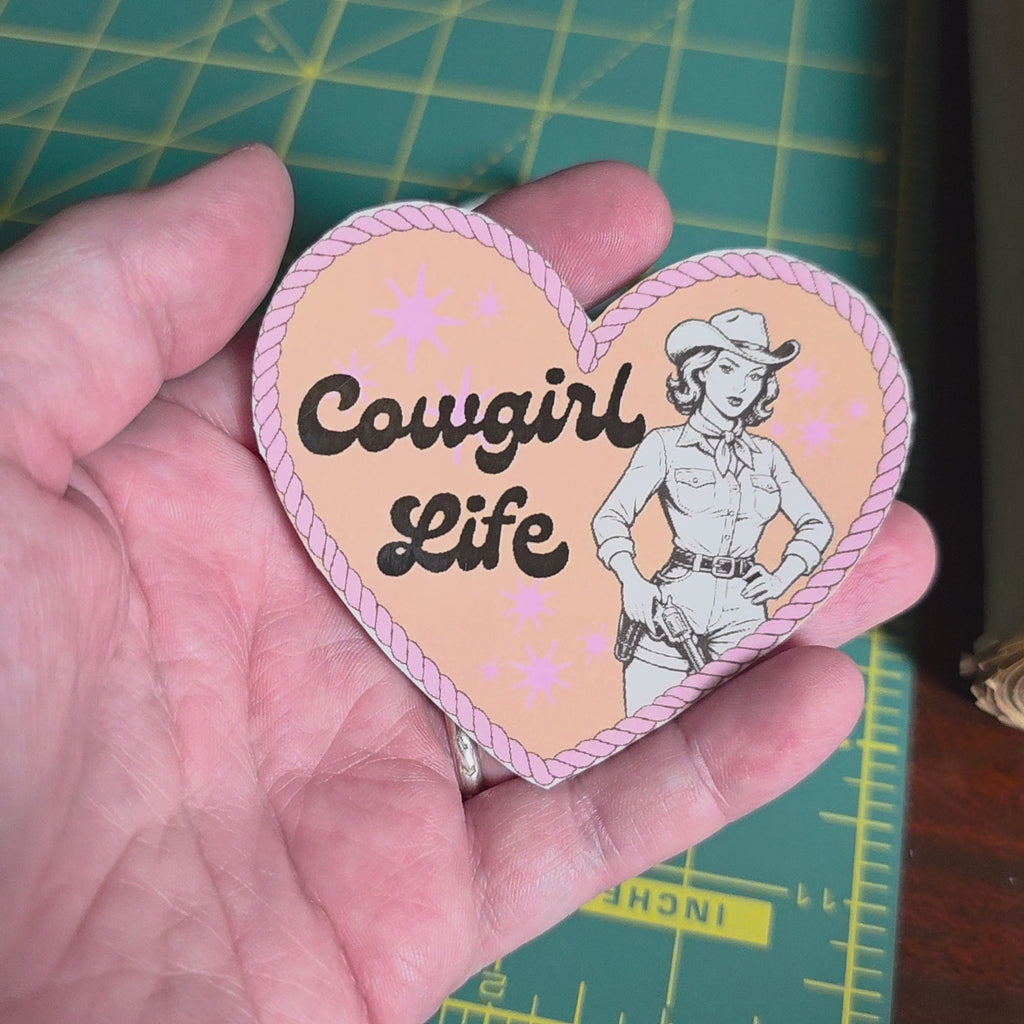 Heart shaped Cowgirl Life sticker. 3 x 2.5inches. Small size.