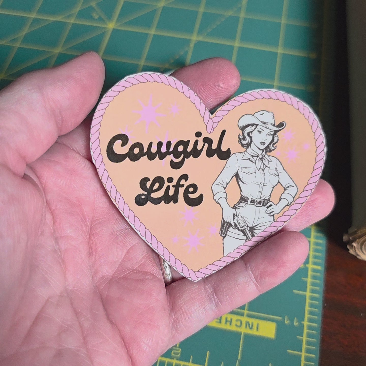 Heart shaped Cowgirl Life sticker. 3 x 2.5inches. Small size.