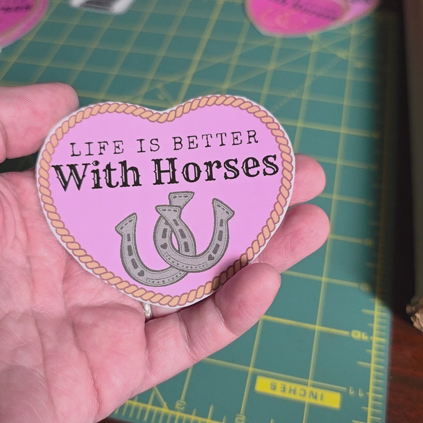 "Life is better with Horses" 3 x 2.75 inch light pink heart sticker. Small size.