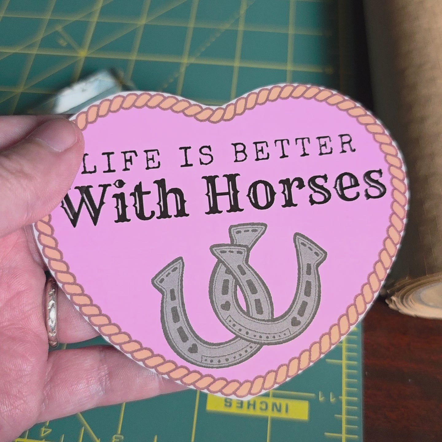 "Life is better with Horses" 4 inch light pink heart sticker.