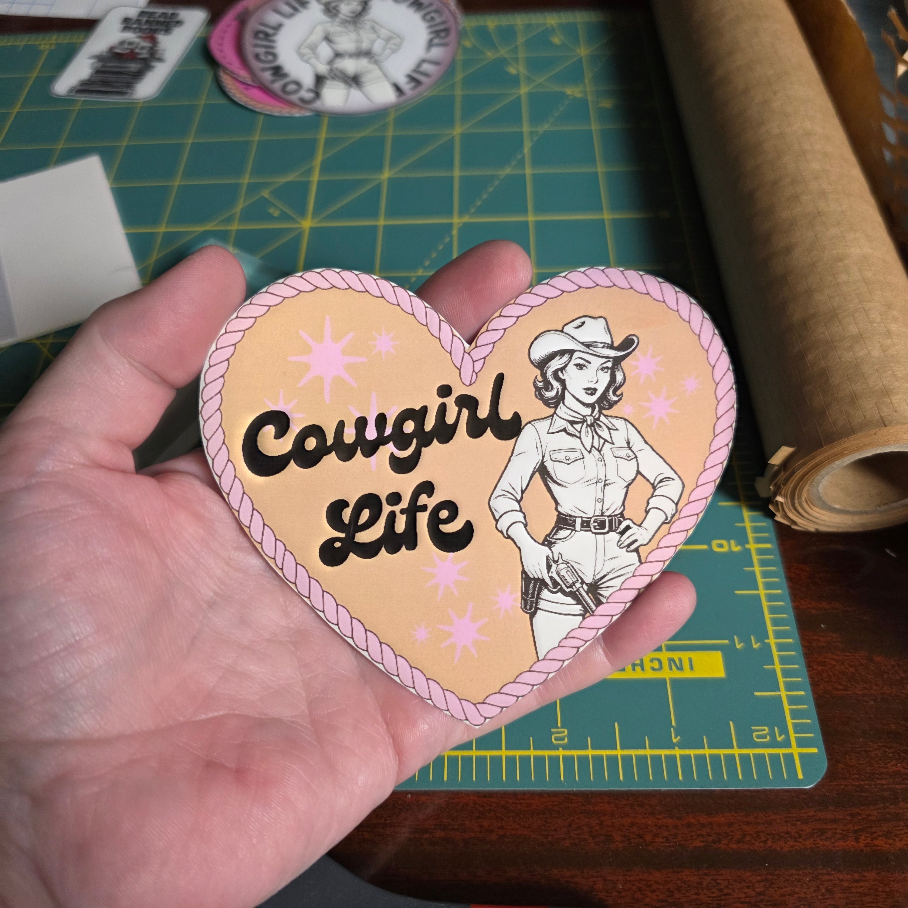 Heart shaped Cowgirl Life sticker. 4.25 x 3.5 inches. Medium size.
