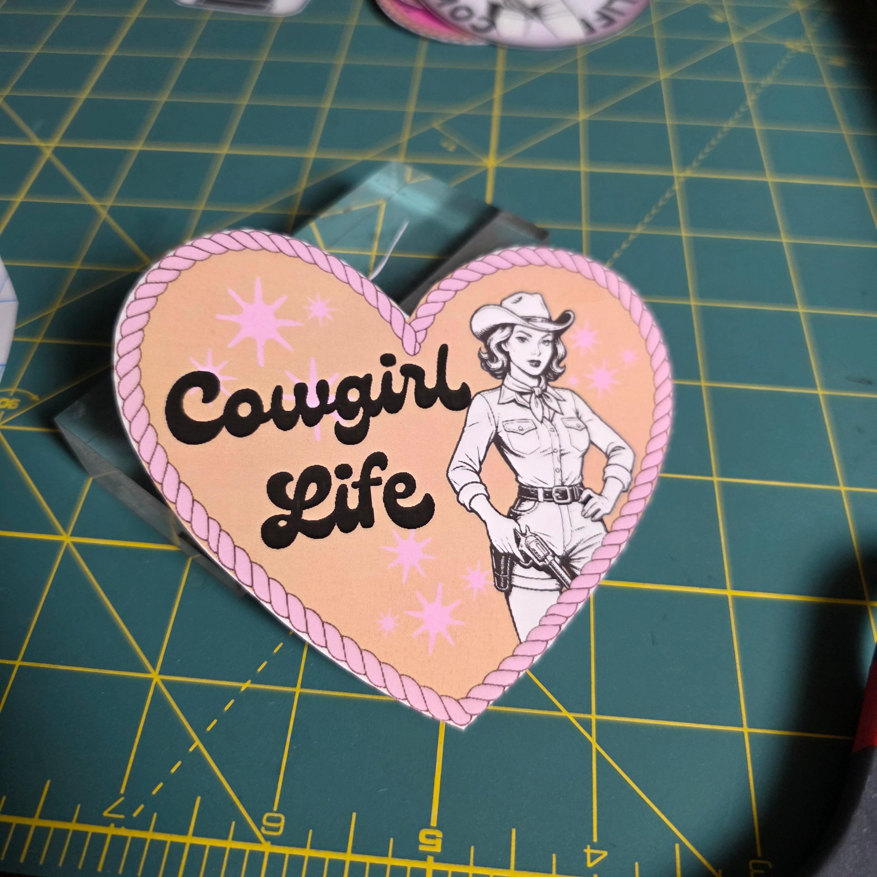 Heart shaped Cowgirl Life sticker. 4.25 x 3.5 inches. Medium size.