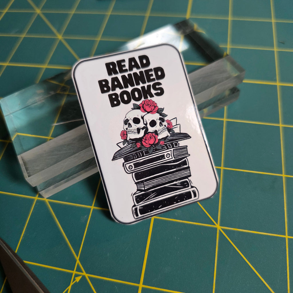 Skull and books "Read Banned Books"small sticker.