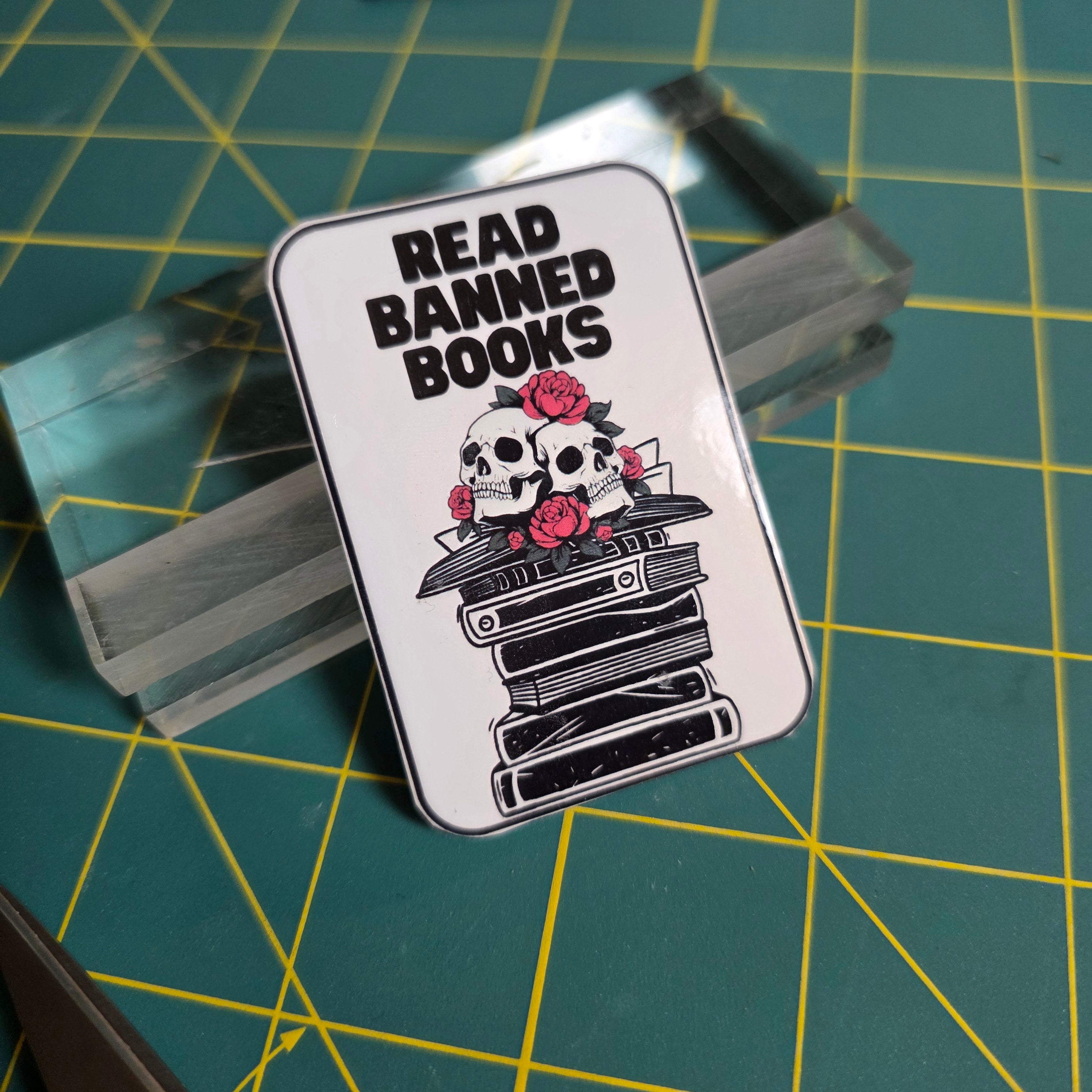 Skull and books "Read Banned Books"small sticker.