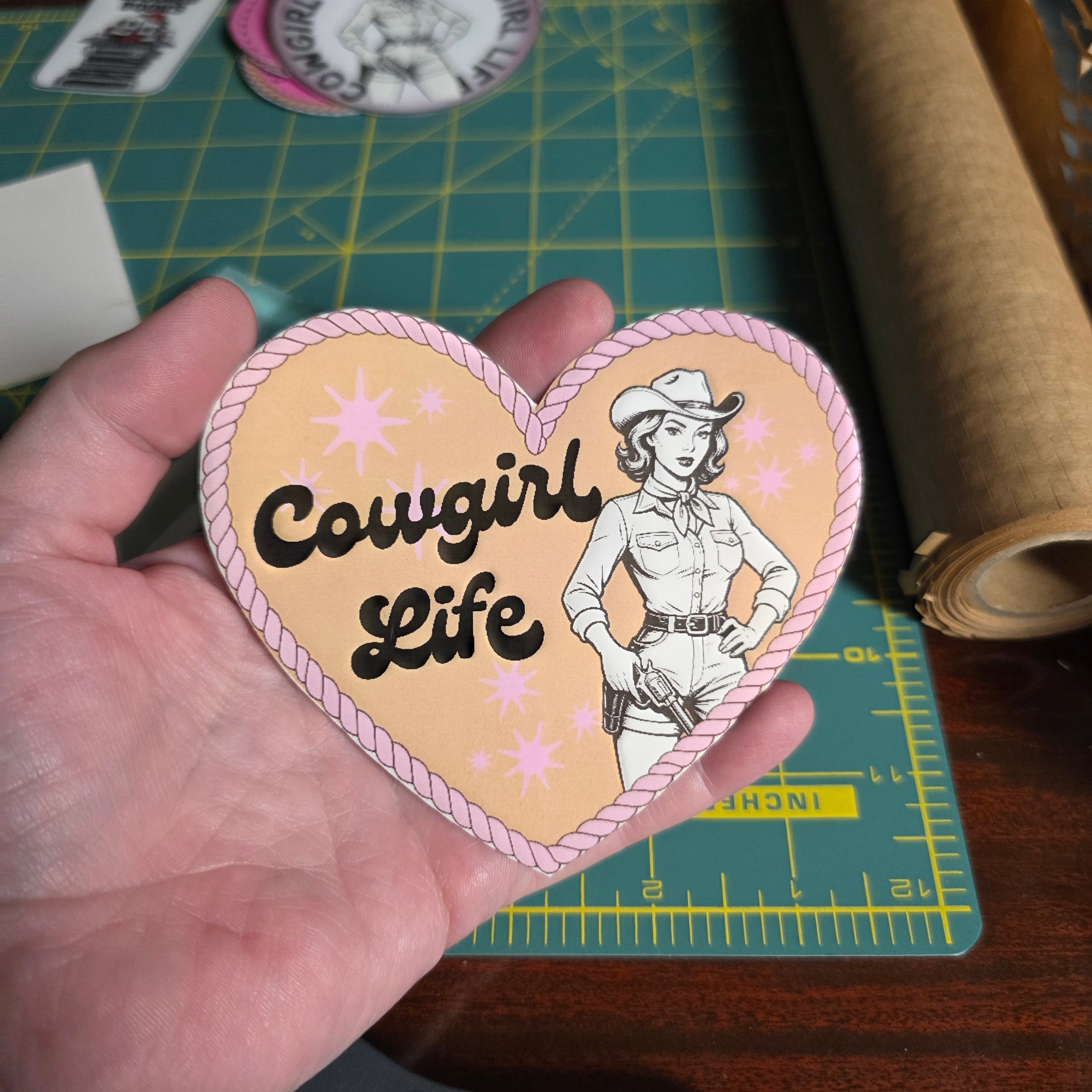 Heart shaped Cowgirl Life sticker. 4.25 x 3.5 inches. Medium size.