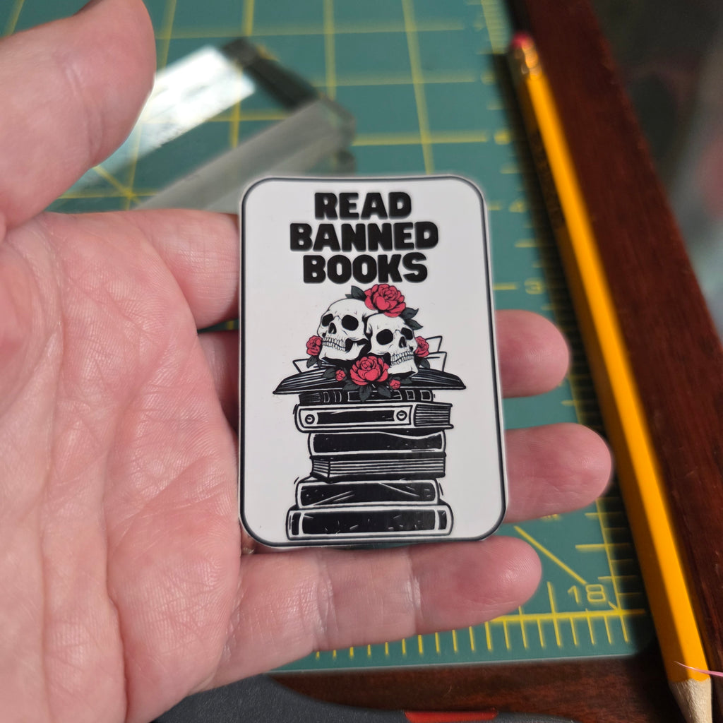 Skull and books "Read Banned Books"small sticker.