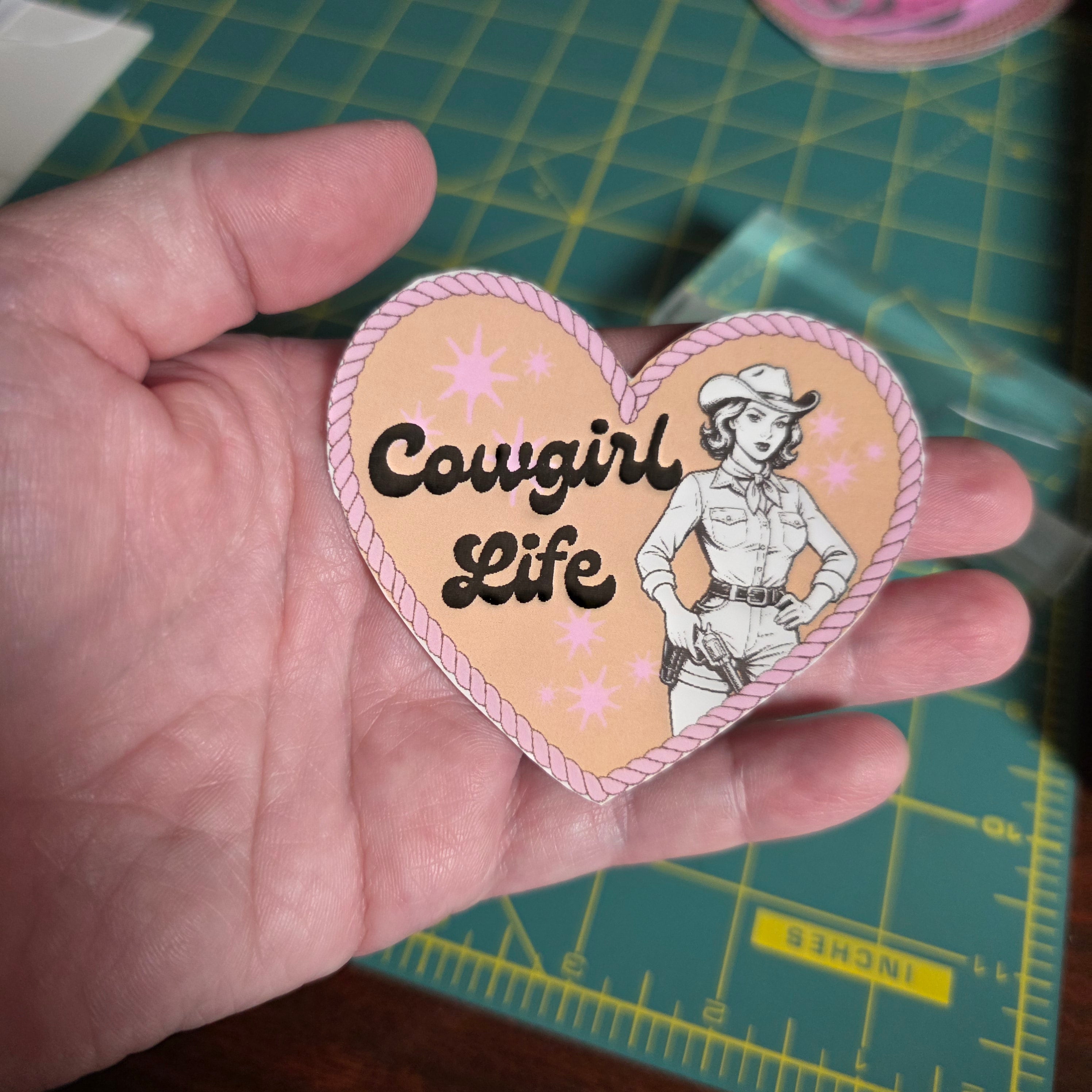 Heart shaped Cowgirl Life sticker. 3 x 2.5inches. Small size.