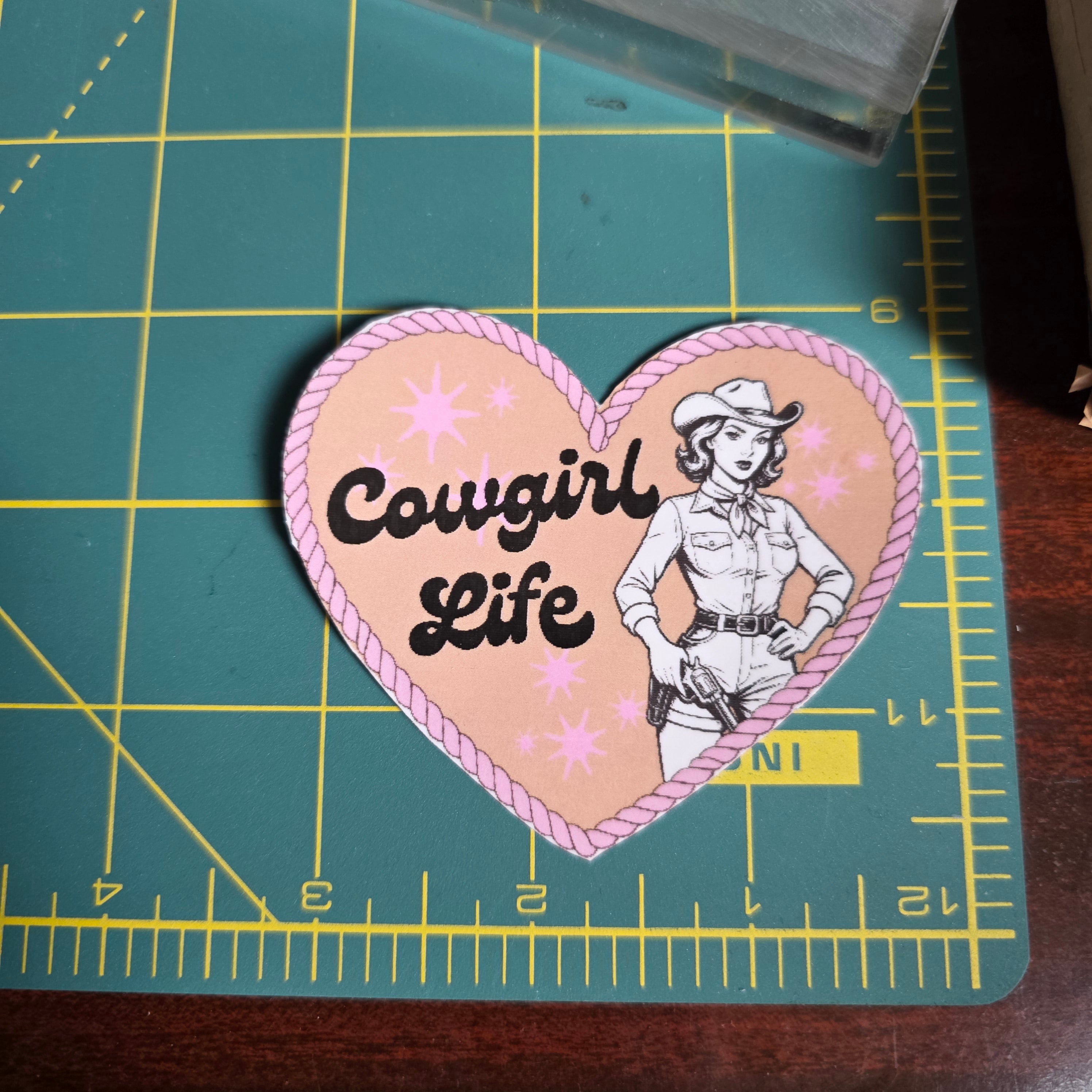 Heart shaped Cowgirl Life sticker. 3 x 2.5inches. Small size.