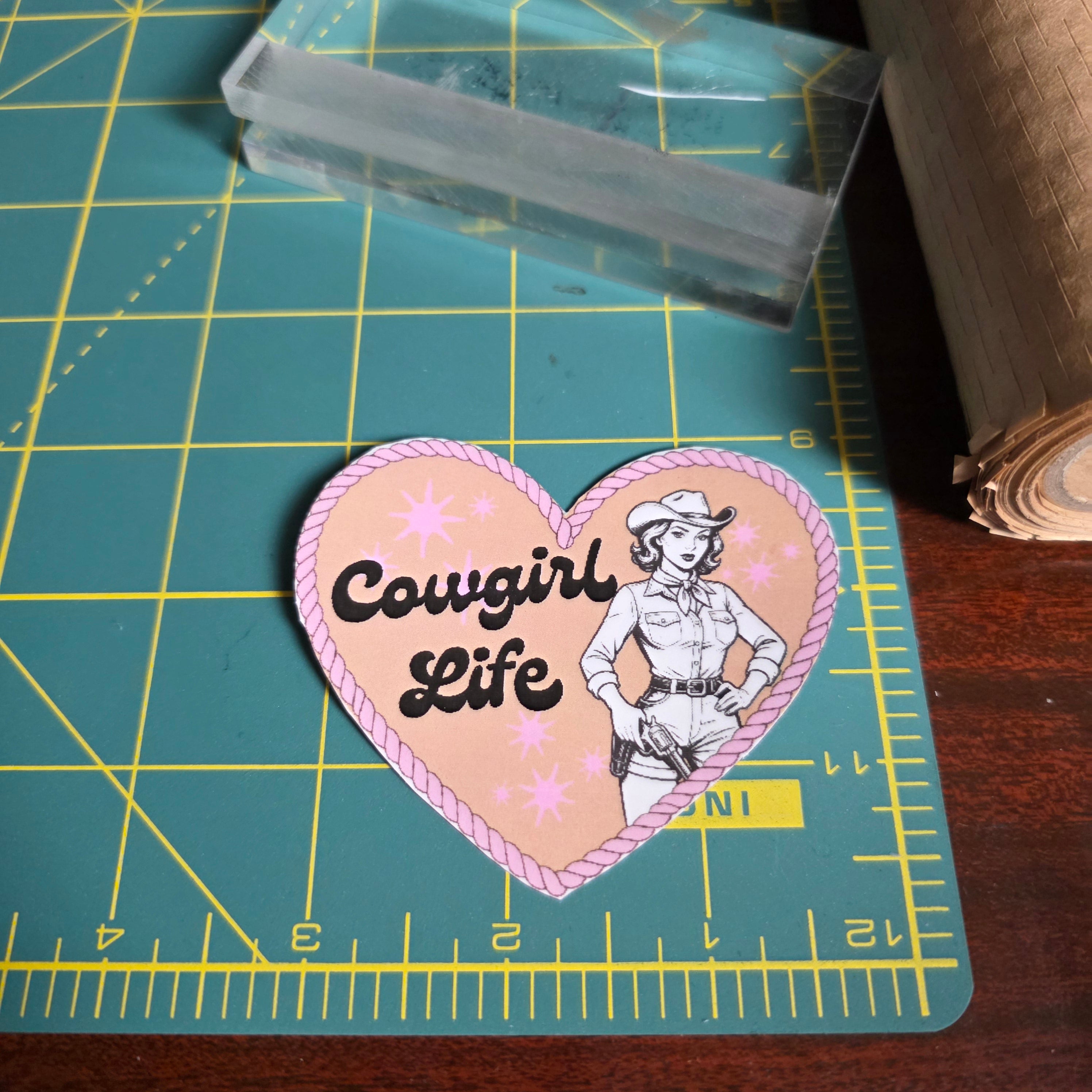Heart shaped Cowgirl Life sticker. 3 x 2.5inches. Small size.