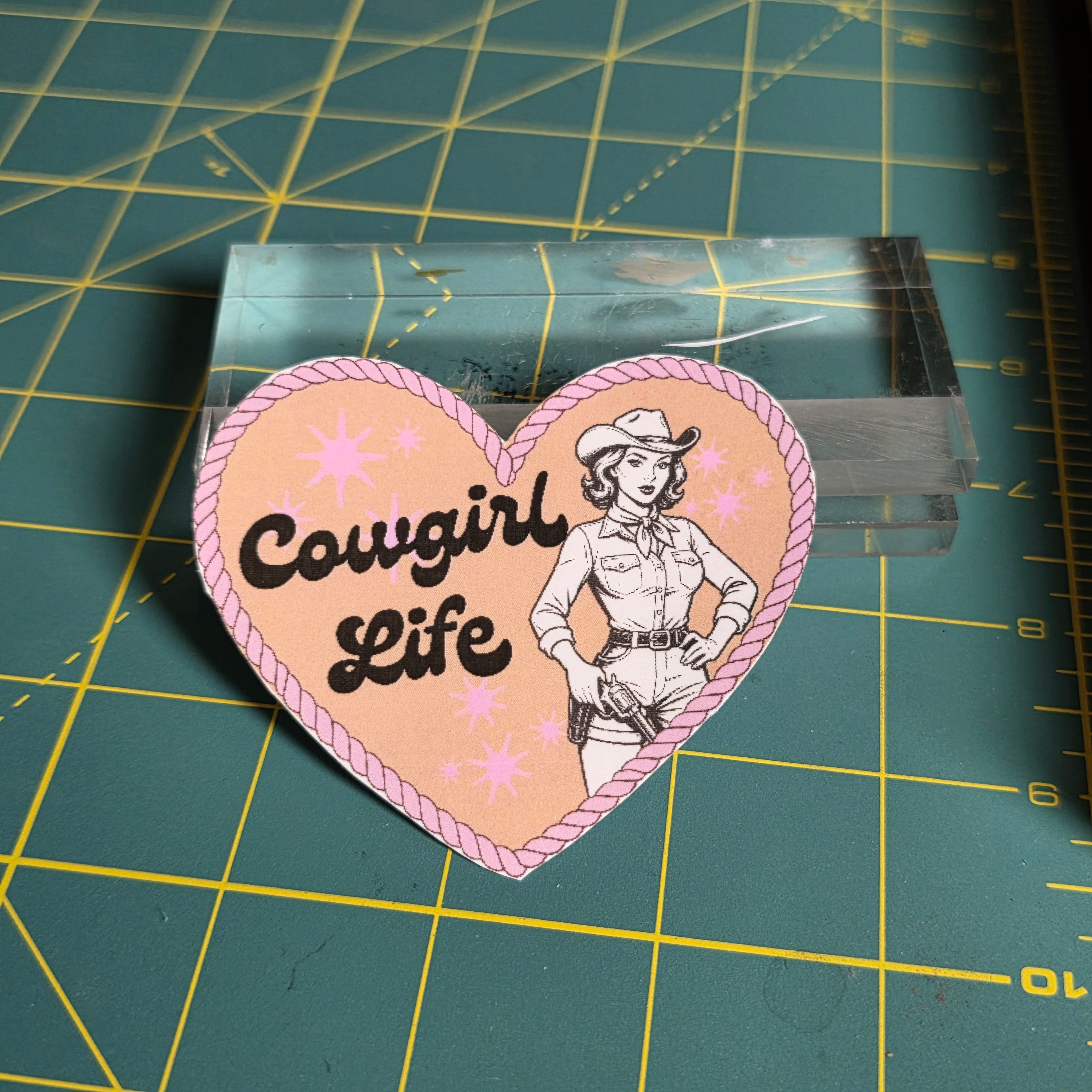 Heart shaped Cowgirl Life sticker. 3 x 2.5inches. Small size.