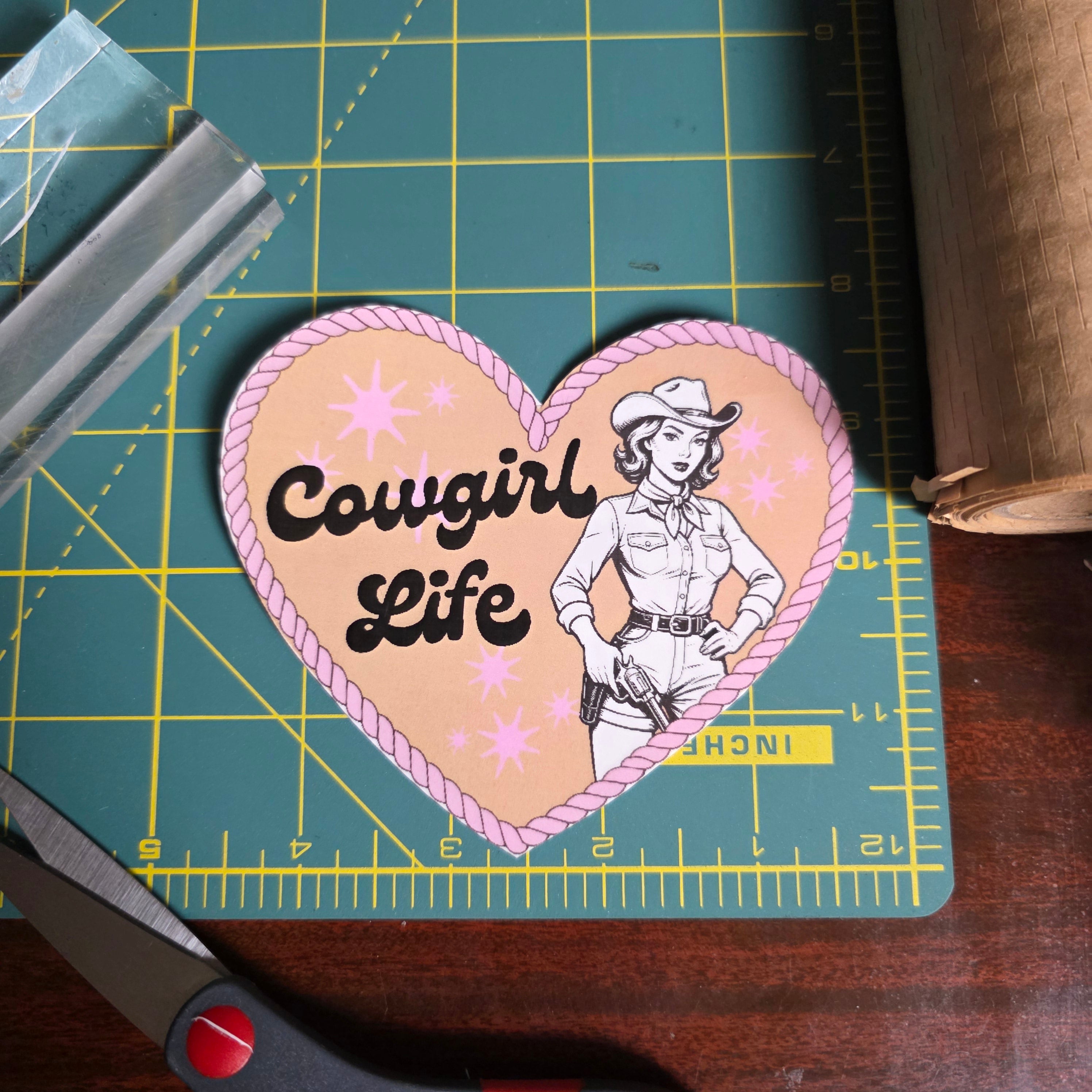 Heart shaped Cowgirl Life sticker. 4.25 x 3.5 inches. Medium size.