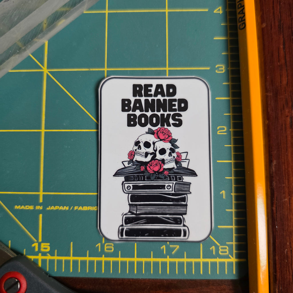 Skull and books "Read Banned Books"small sticker.