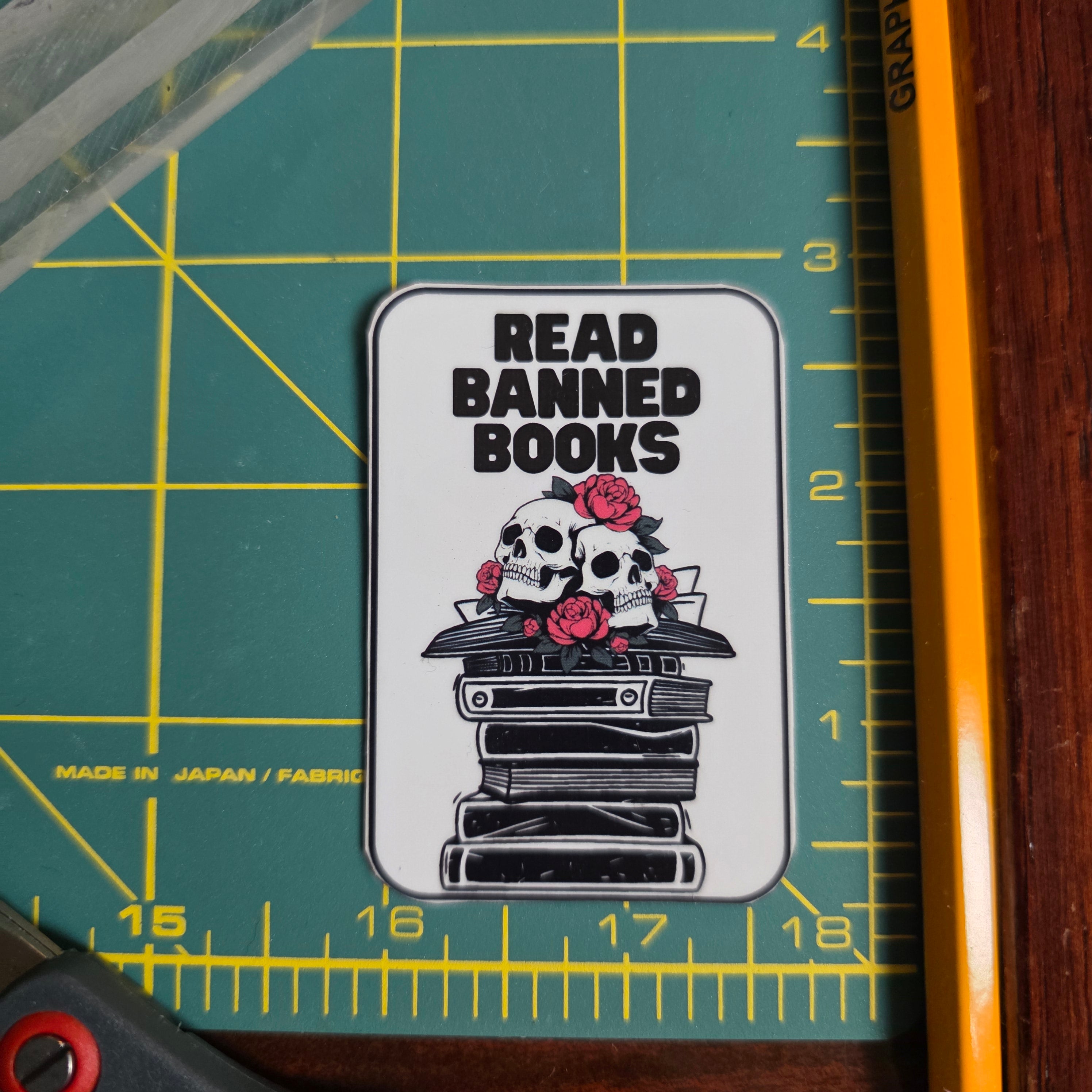 Skull and books "Read Banned Books"small sticker.