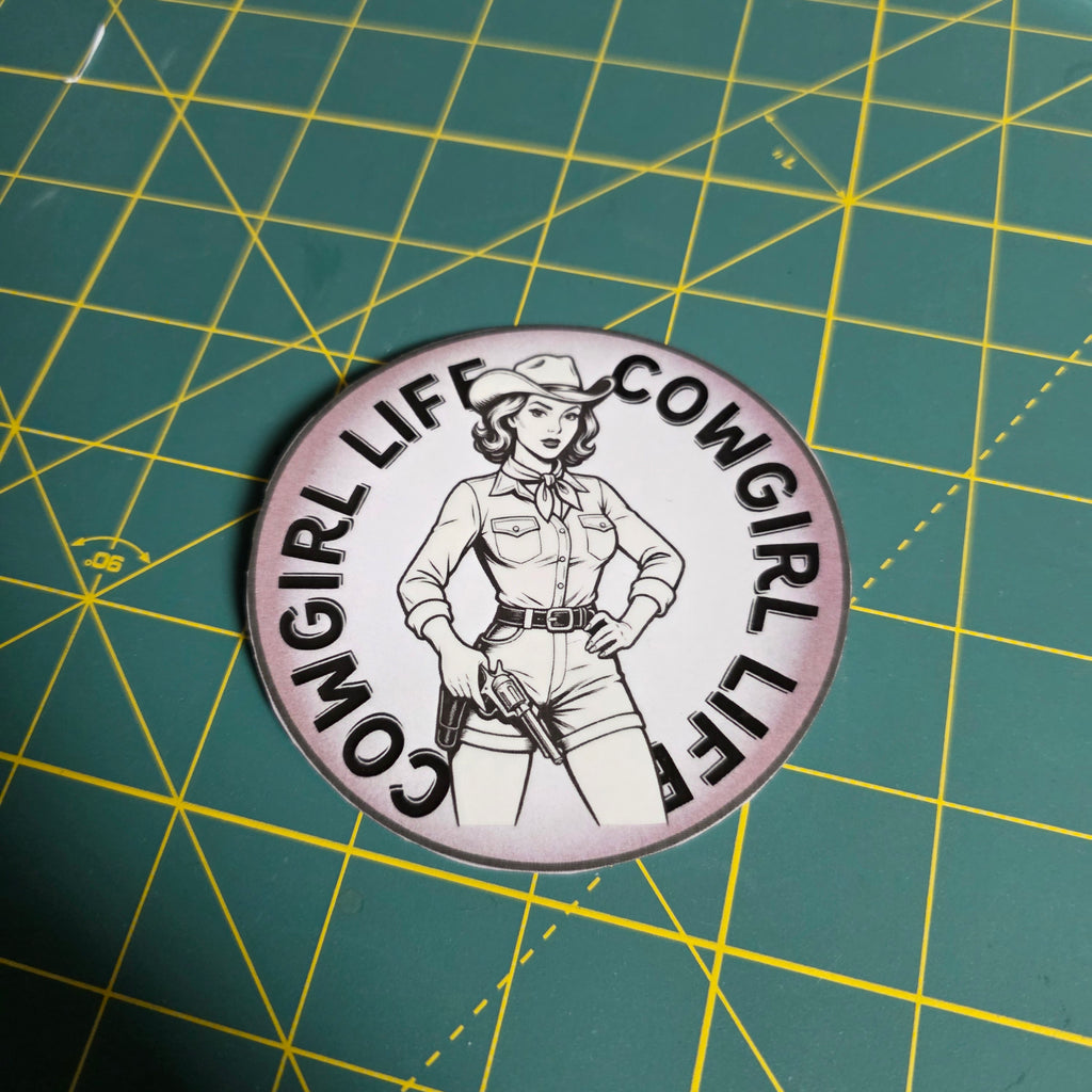 Cowgirl Life sticker, round 3.5 inches.