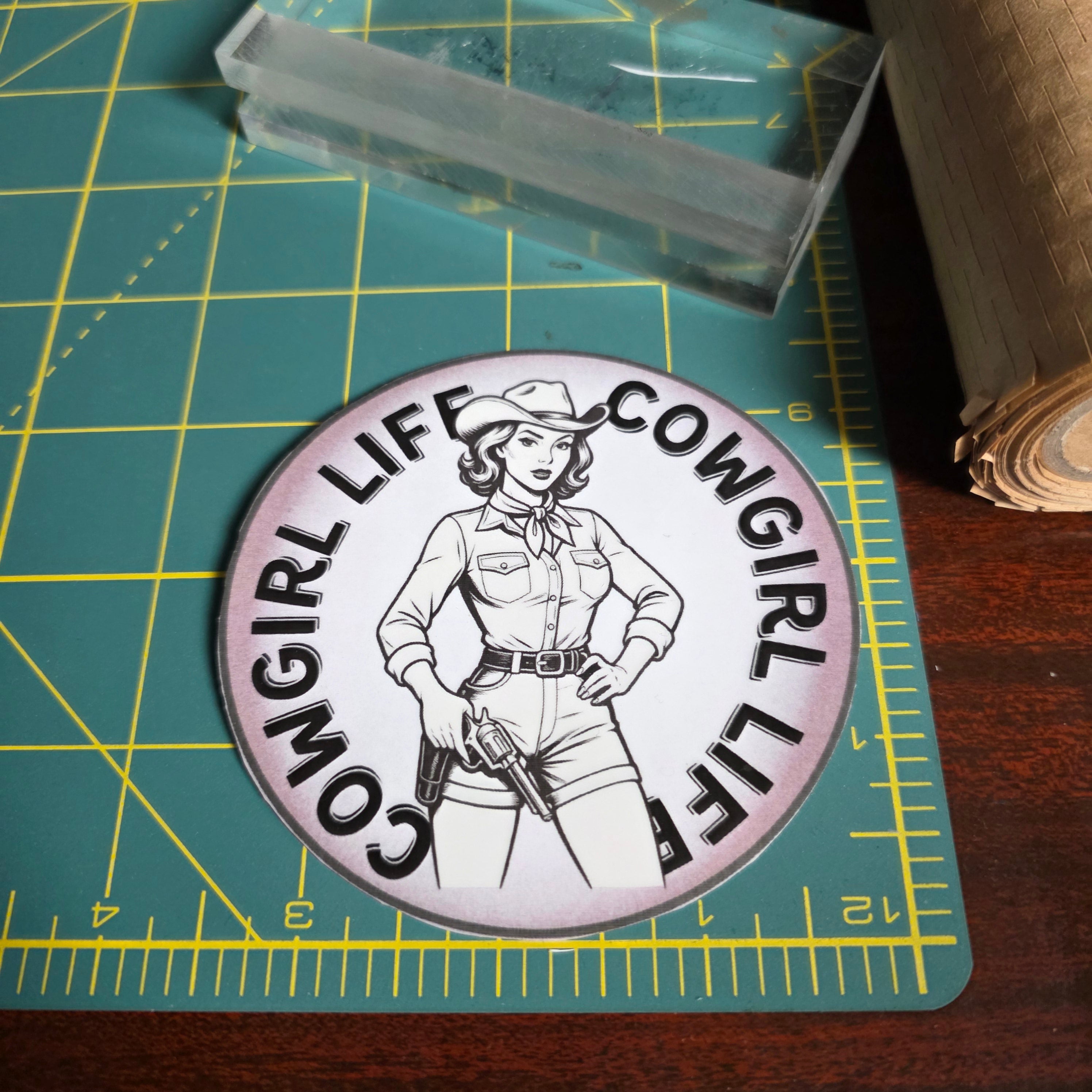 Cowgirl Life sticker, round 3.5 inches.